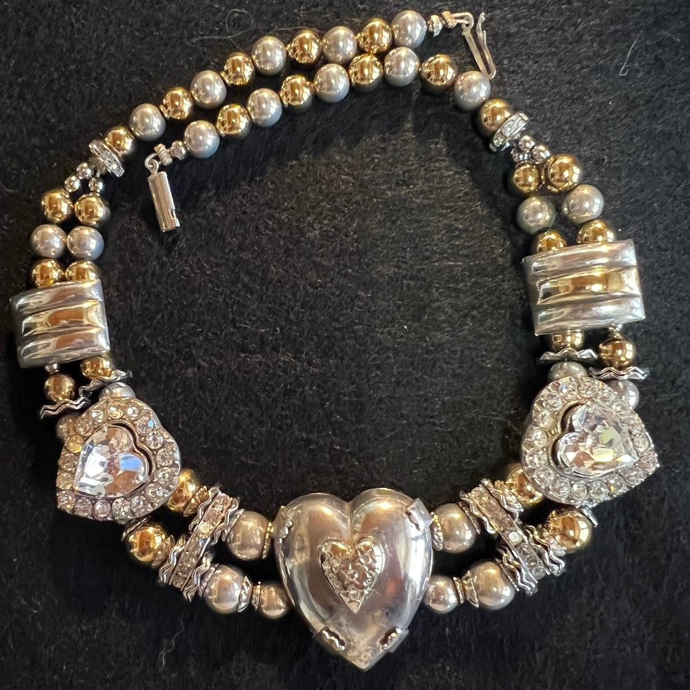 Vintage Ylang Ylang Choker Necklace, Gold Plate & Silver with Glass & Crystals